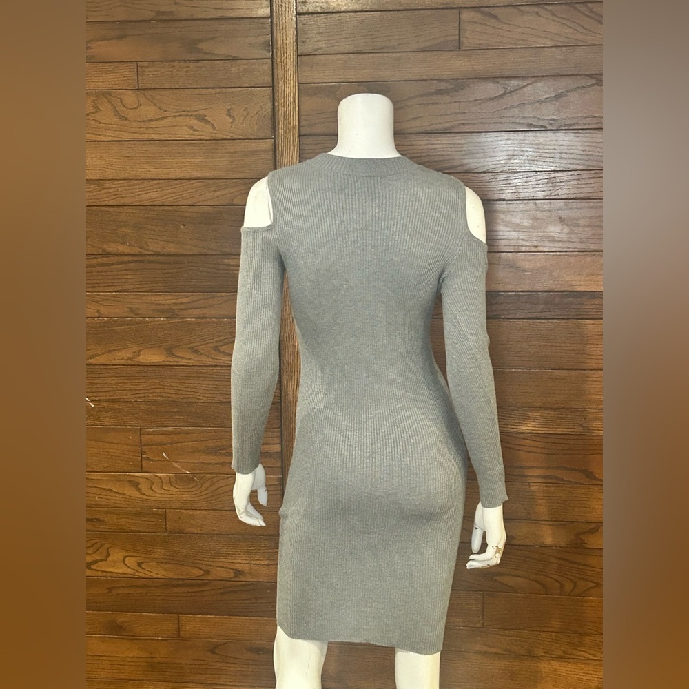 Another Story. Ribbed. Stretch. Elegant Gray Cold Shoulder Dress. Medium - Picture 2 of 3